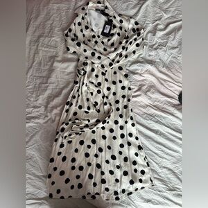 Pinko Ausilia White & Black Polka Dot Wrap Midi Dress – A-Line Silhouette – 38